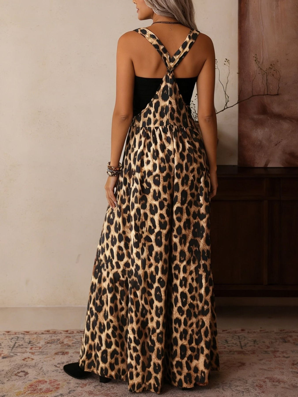 Stylish Leopard Print Wide Leg Overalls Jumpsuits