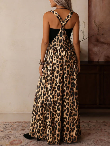 Stylish Leopard Print Wide Leg Overalls Jumpsuits