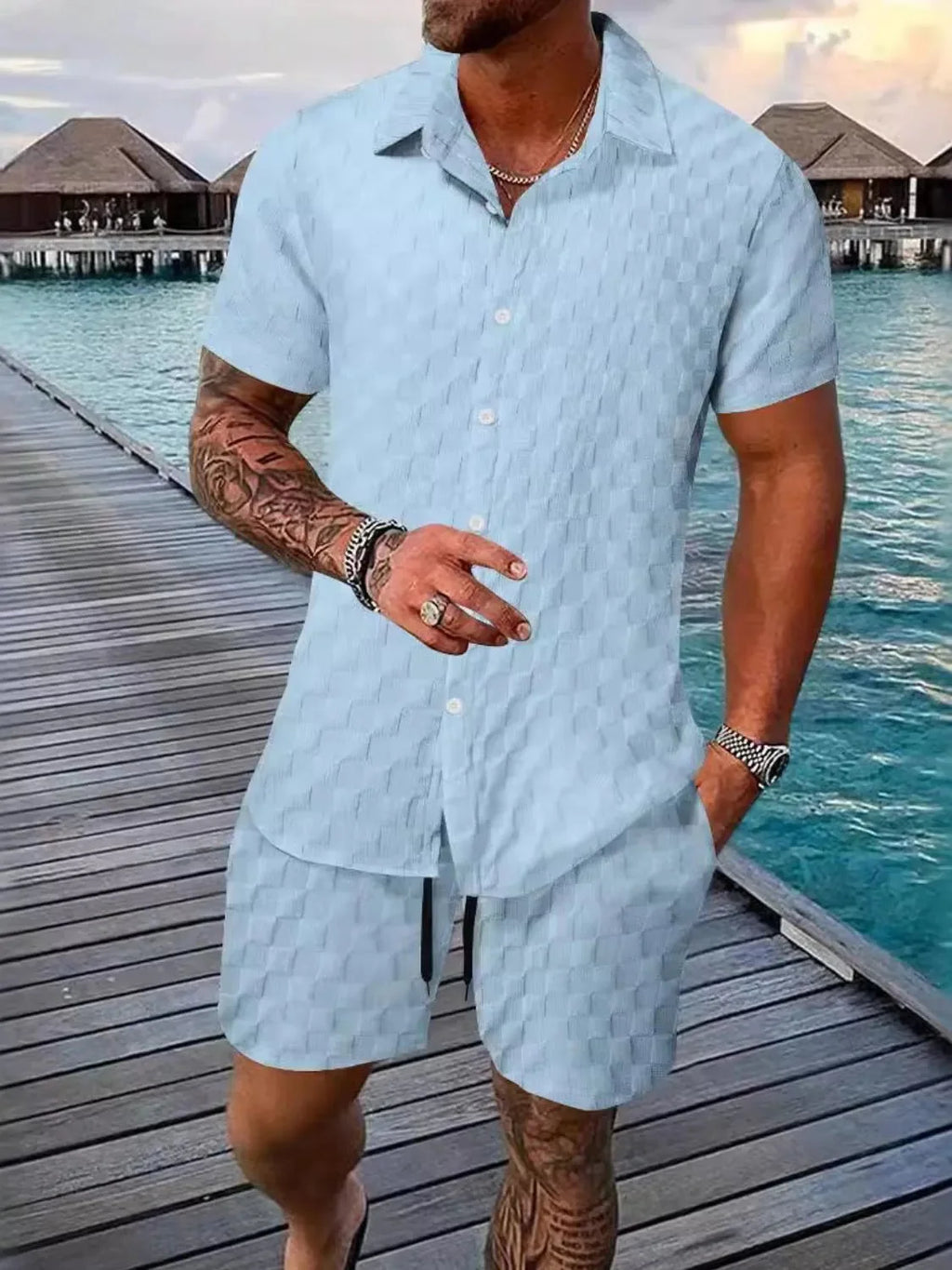 Men's Fashion Stylish Short Sleeve Top and Shorts Set