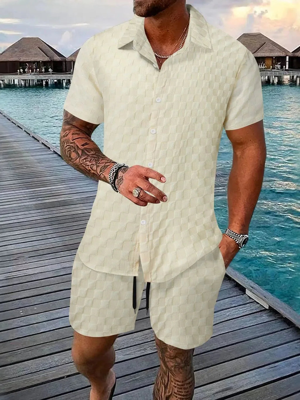Men's Fashion Stylish Short Sleeve Top and Shorts Set