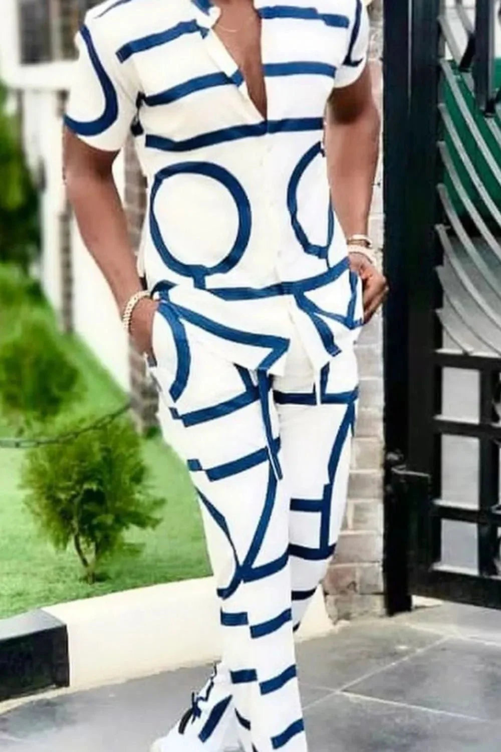 Men's Full Size Geo Print Short Sleeve Top and Pants Set
