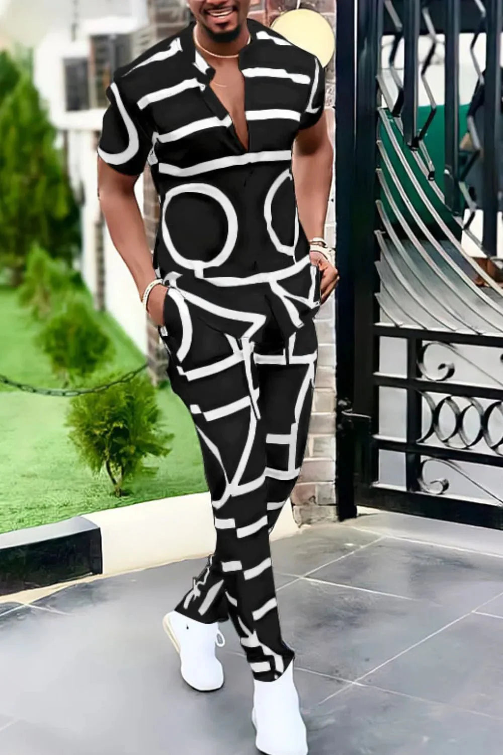 Men's Full Size Geo Print Short Sleeve Top and Pants Set