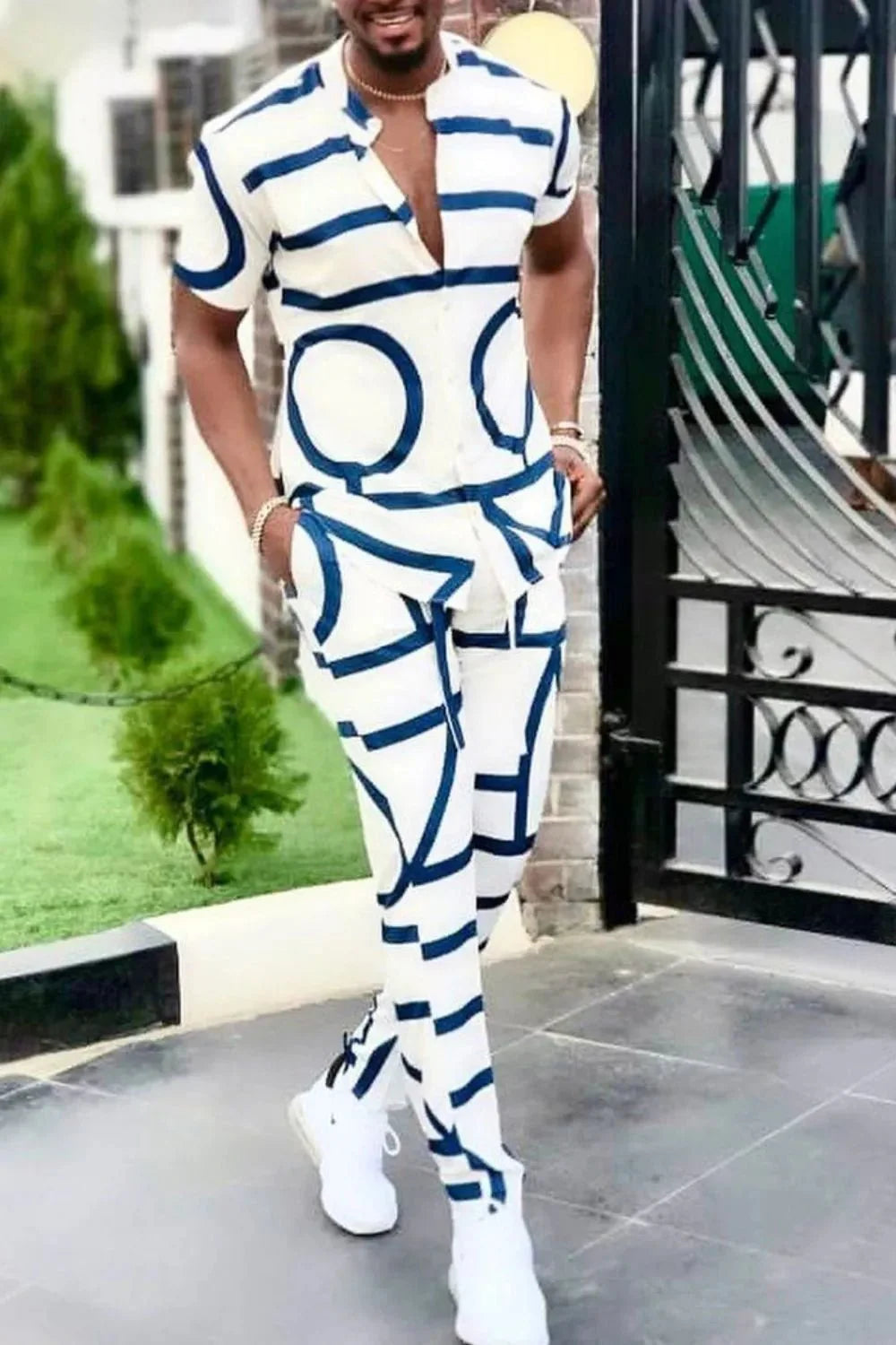 Men's Full Size Geo Print Short Sleeve Top and Pants Set