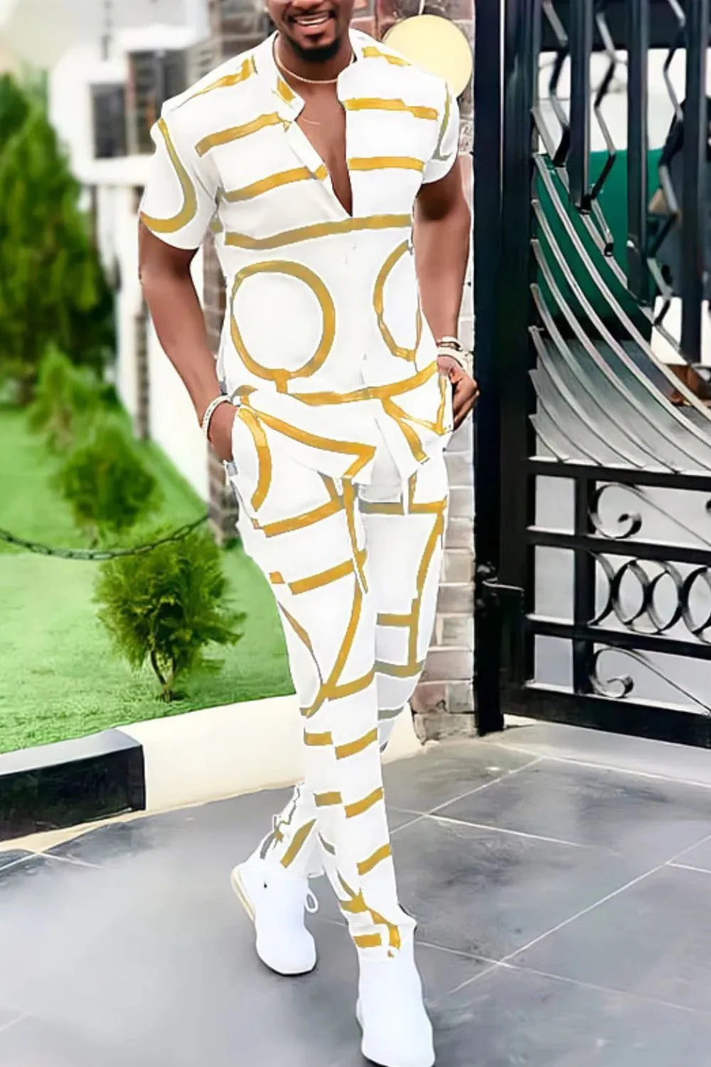 Men's Full Size Geo Print Short Sleeve Top and Pants Set