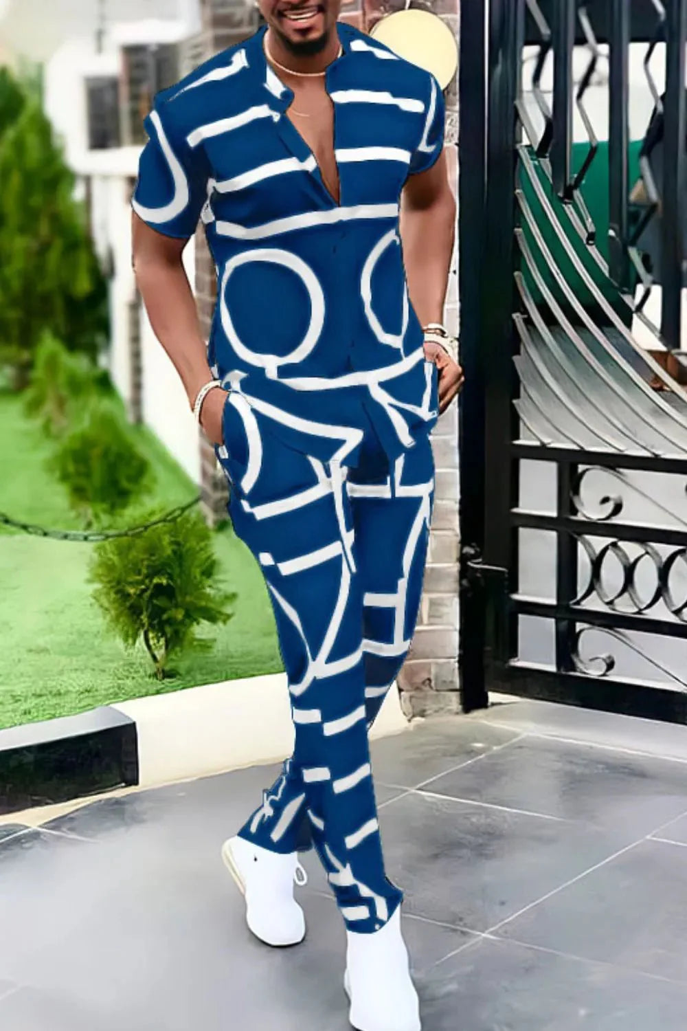Men's Full Size Geo Print Short Sleeve Top and Pants Set