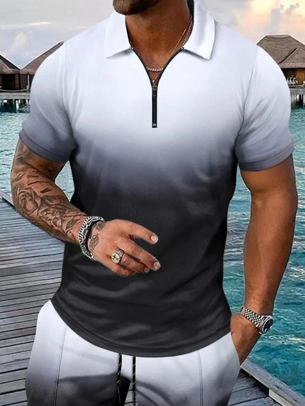 Men's Full Size Gradient Collared Top and Shorts Set