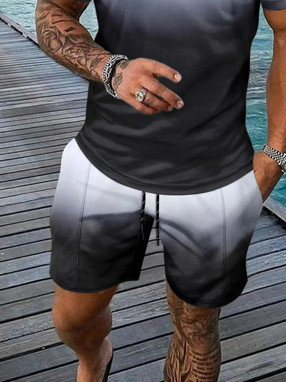 Men's Full Size Gradient Collared Top and Shorts Set