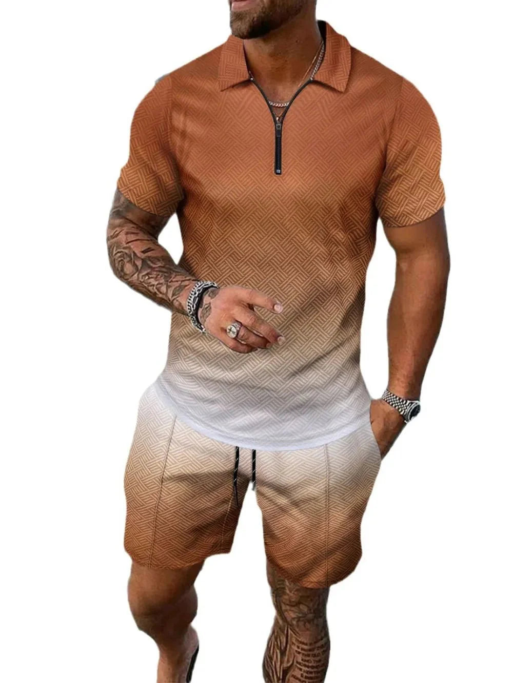 Men's Full Size Gradient Collared Top and Shorts Set