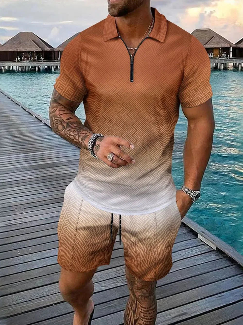 Men's Full Size Gradient Collared Top and Shorts Set