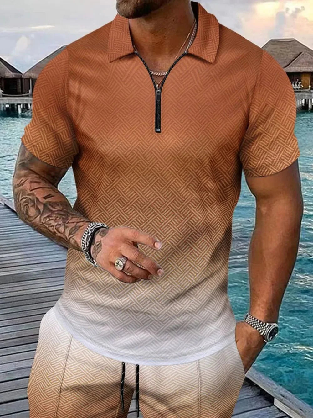 Men's Full Size Gradient Collared Top and Shorts Set