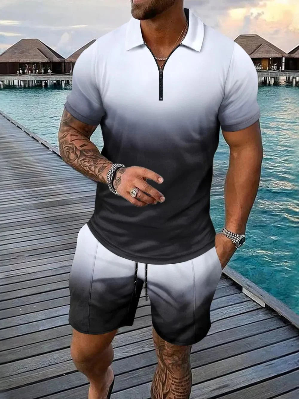 Men's Full Size Gradient Collared Top and Shorts Set