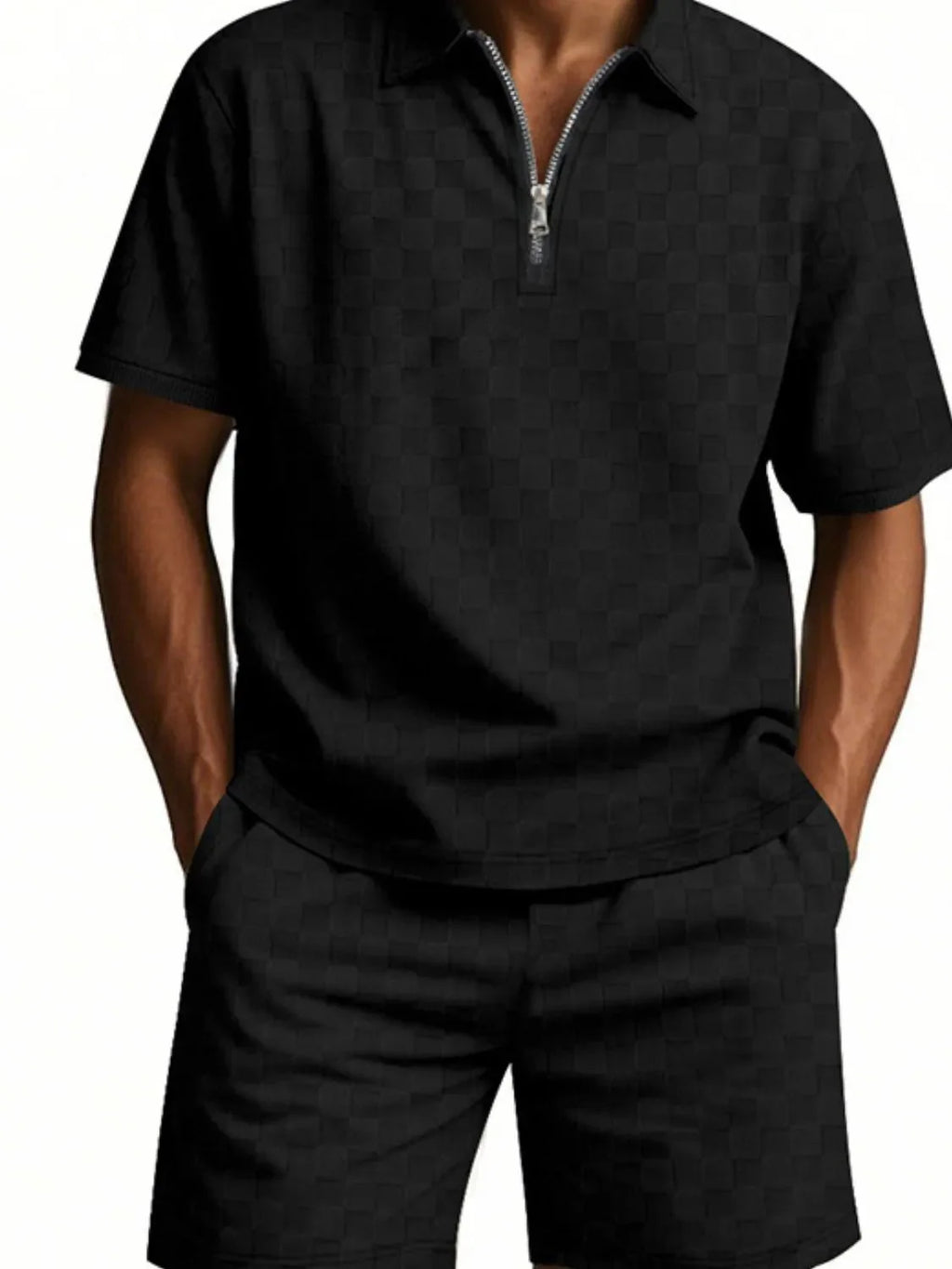Men's Full Size Quarter Zip Short Sleeve Top and Shorts Set