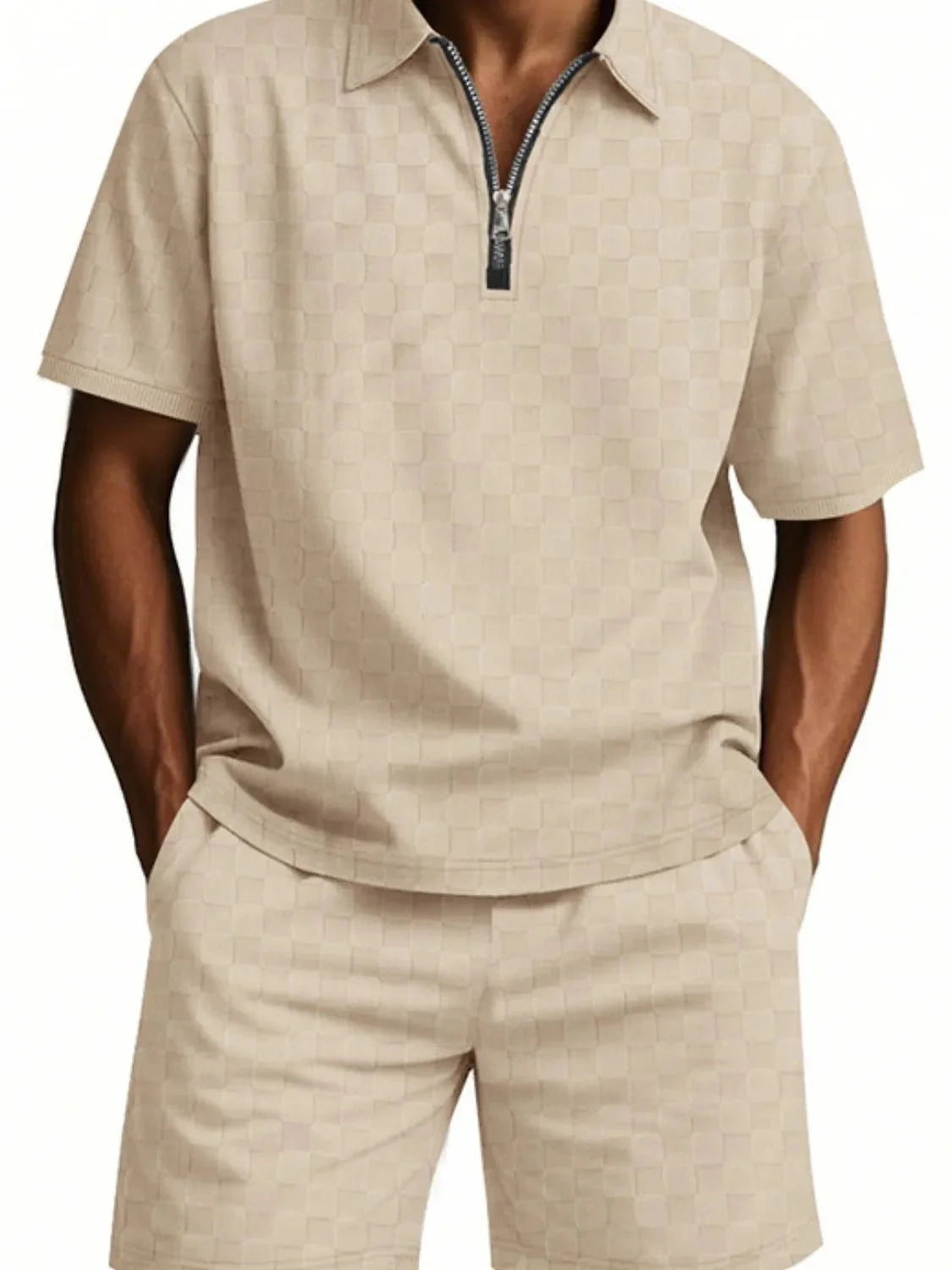 Men's Full Size Quarter Zip Short Sleeve Top and Shorts Set