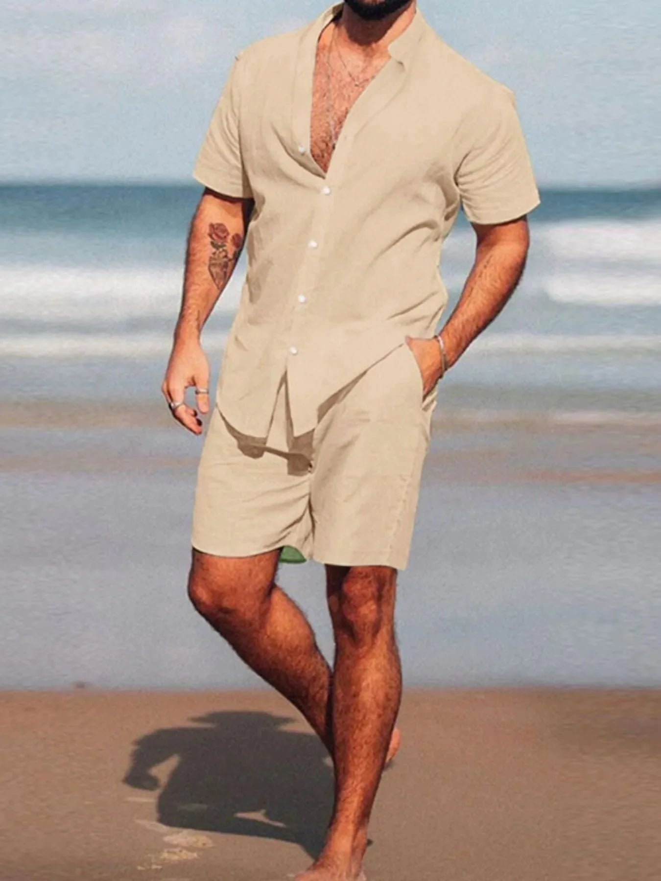 Fashion Men's Full Size Short Sleeve Shirt and Shorts Set