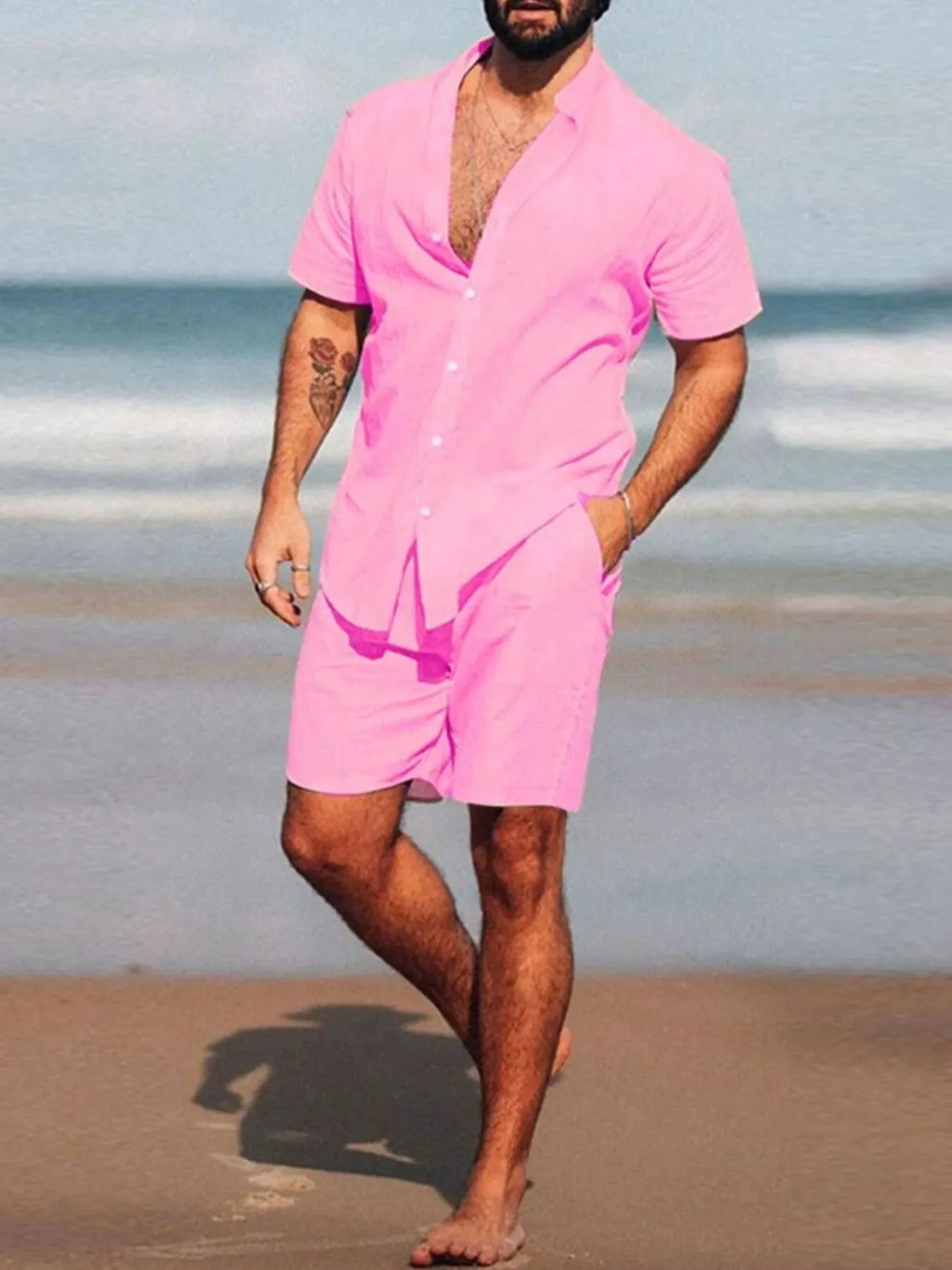 Fashion Men's Full Size Short Sleeve Shirt and Shorts Set