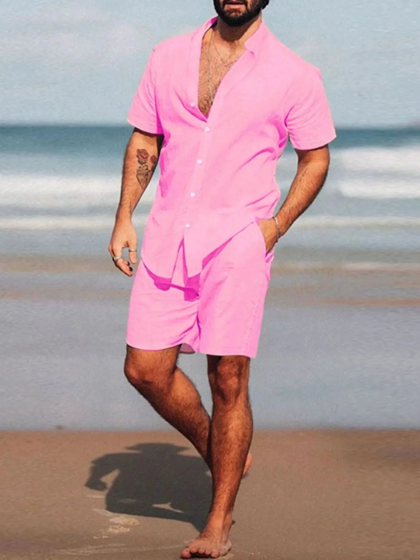 Fashion Men's Full Size Short Sleeve Shirt and Shorts Set