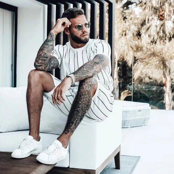 Men's Full Size Striped Casual Top and Shorts Summer Set