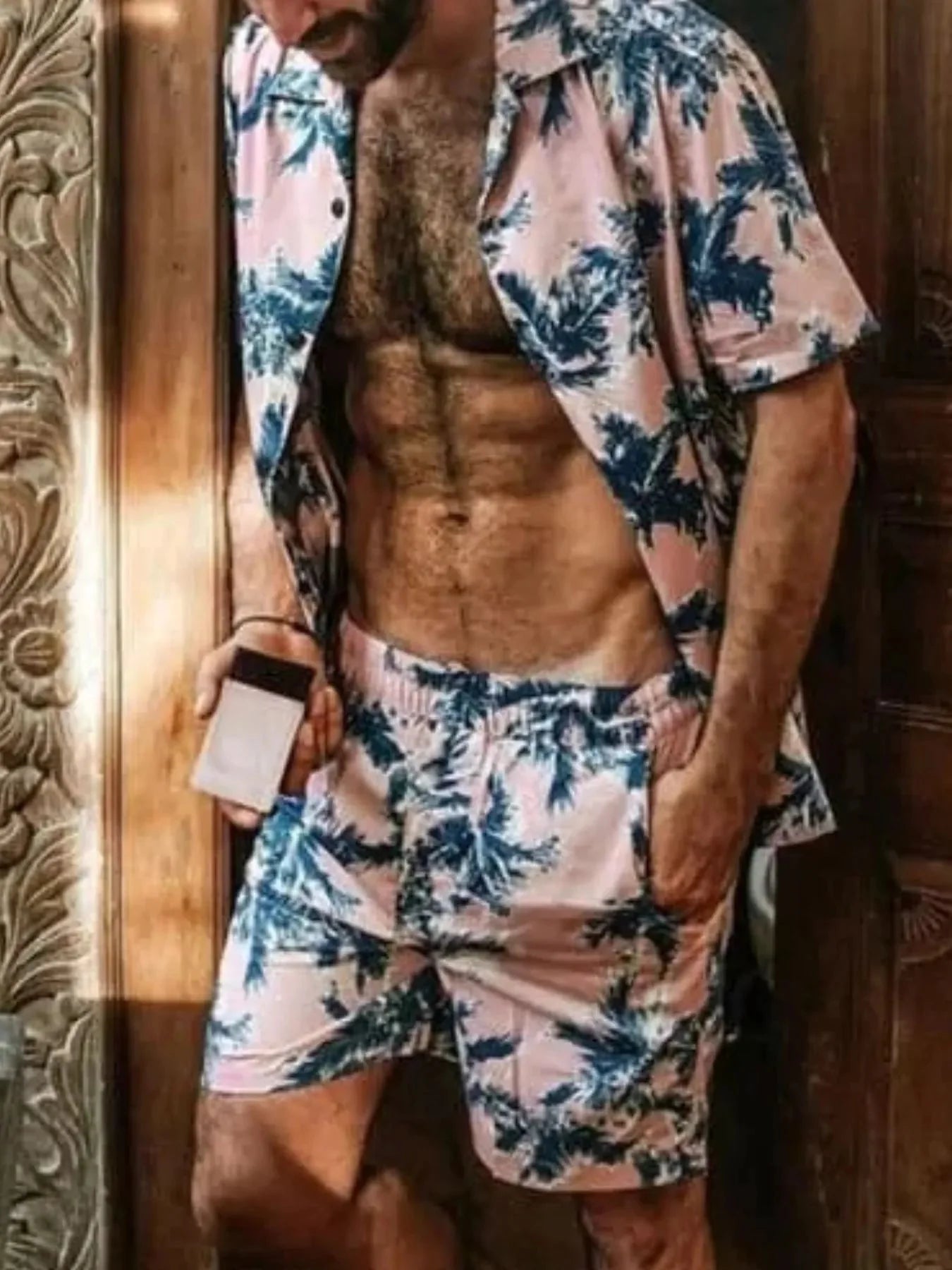Men's Tropical Print Hawaiian Style Top and Shorts Set