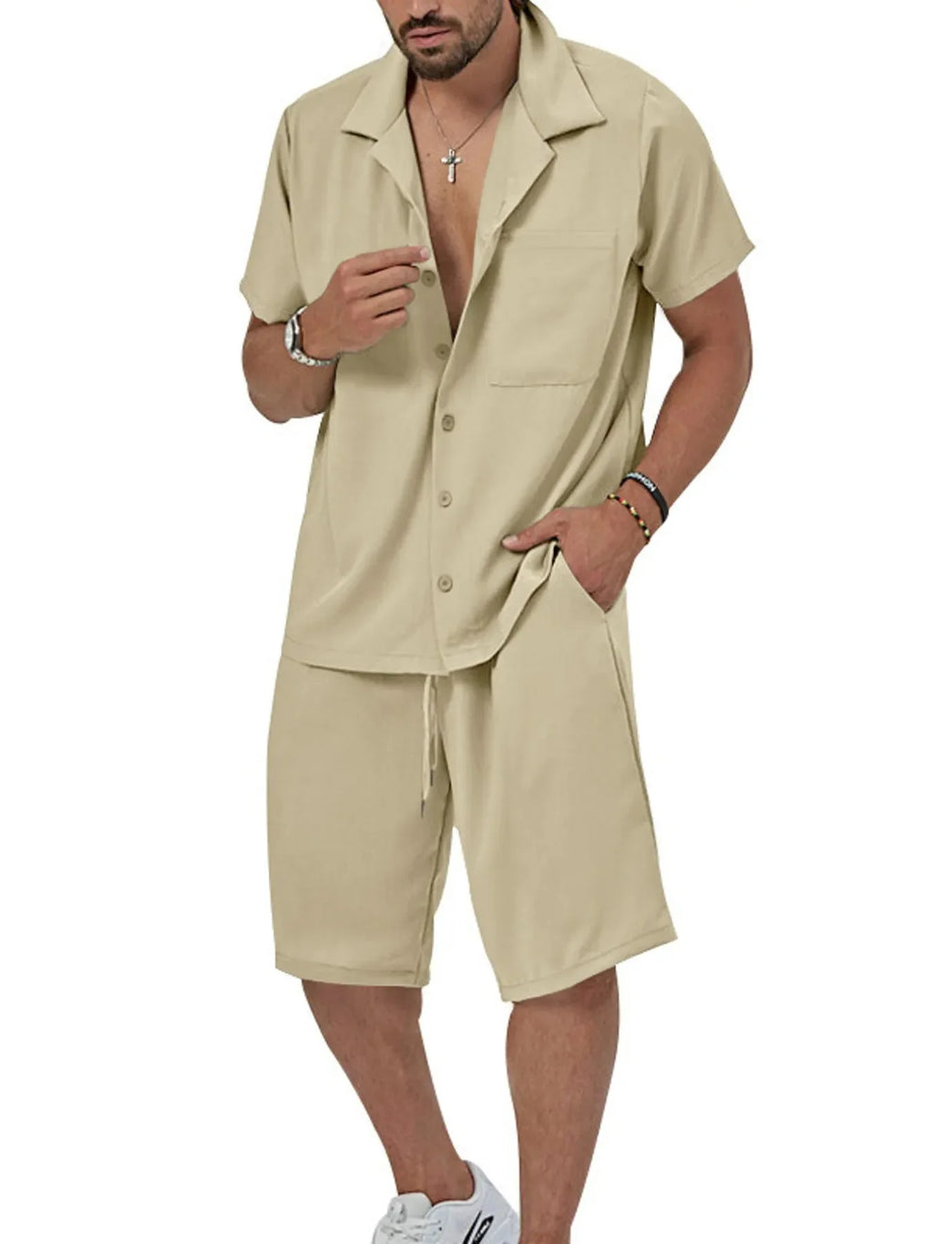 Men's Plus Size Button Up Short Sleeve Shirt and Shorts Set