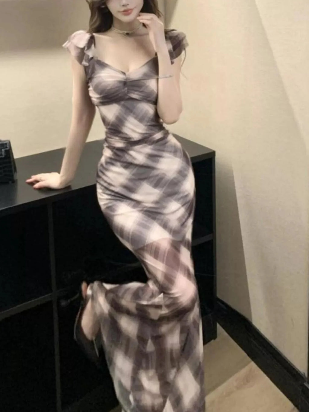 Trendy Plaid Ruffle Cap Sleeve Bodycon Maxi Dress