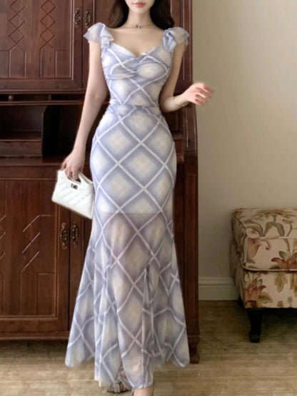 Trendy Plaid Ruffle Cap Sleeve Bodycon Maxi Dress