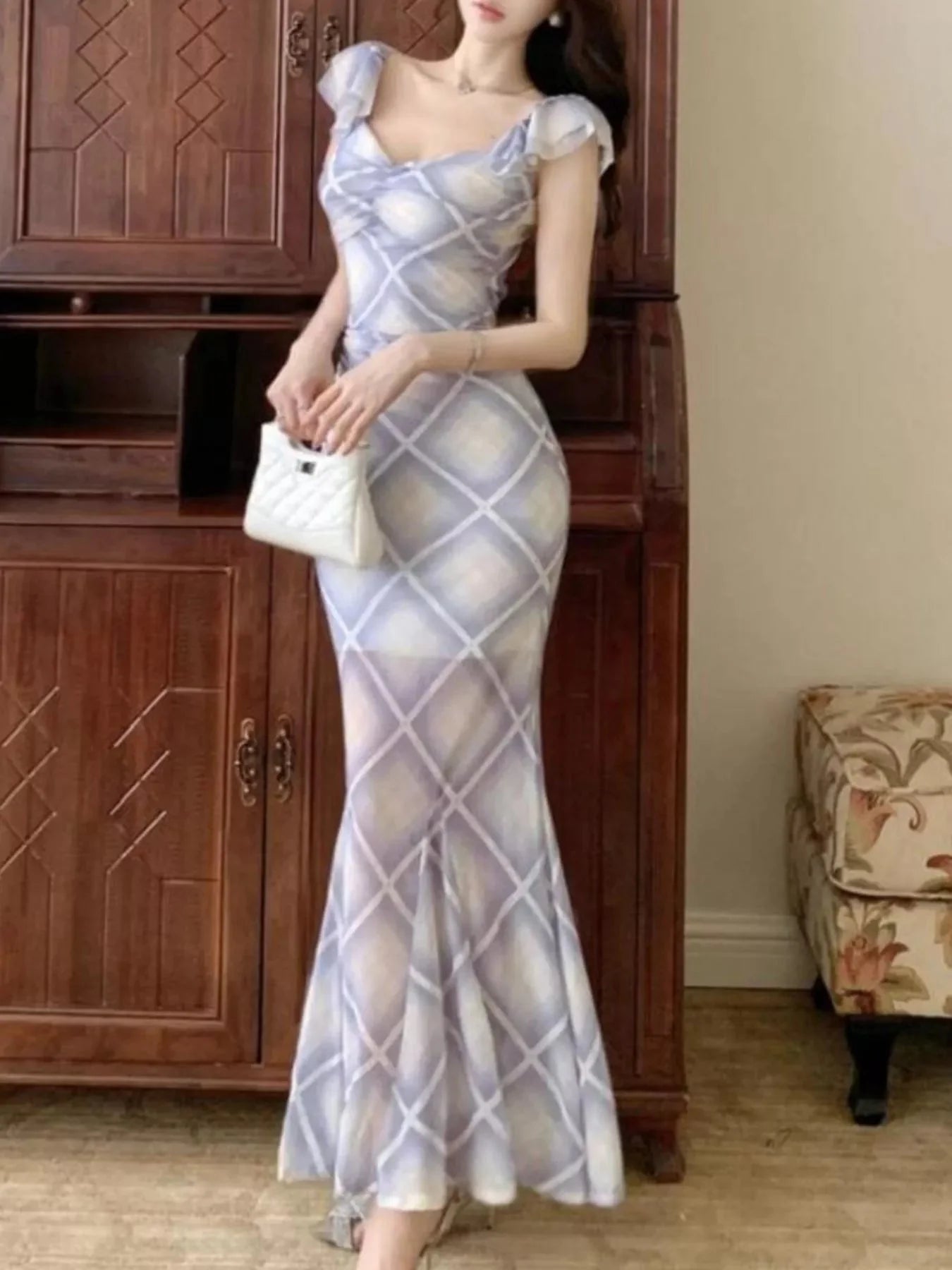 Trendy Plaid Ruffle Cap Sleeve Bodycon Maxi Dress