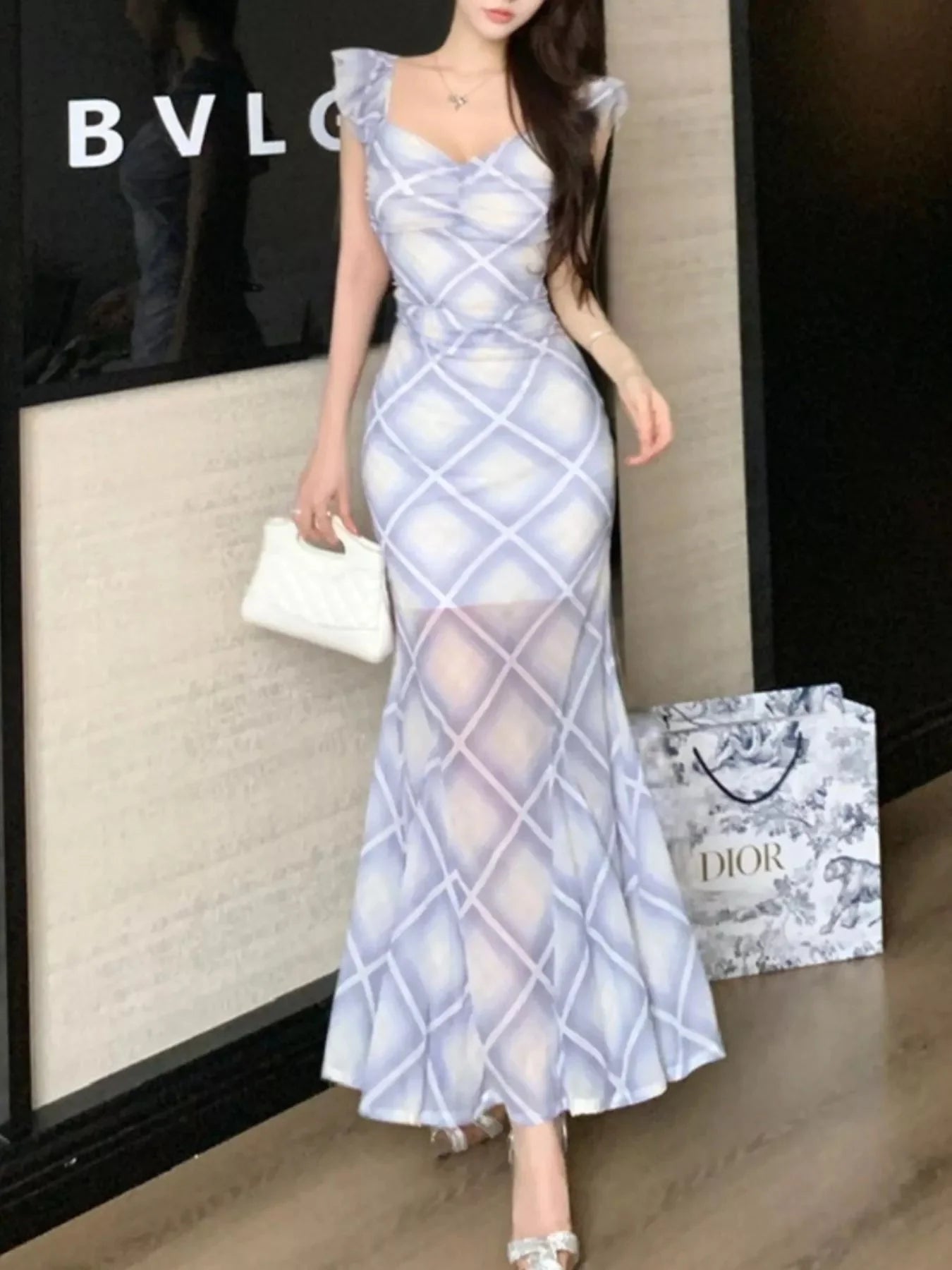 Trendy Plaid Ruffle Cap Sleeve Bodycon Maxi Dress