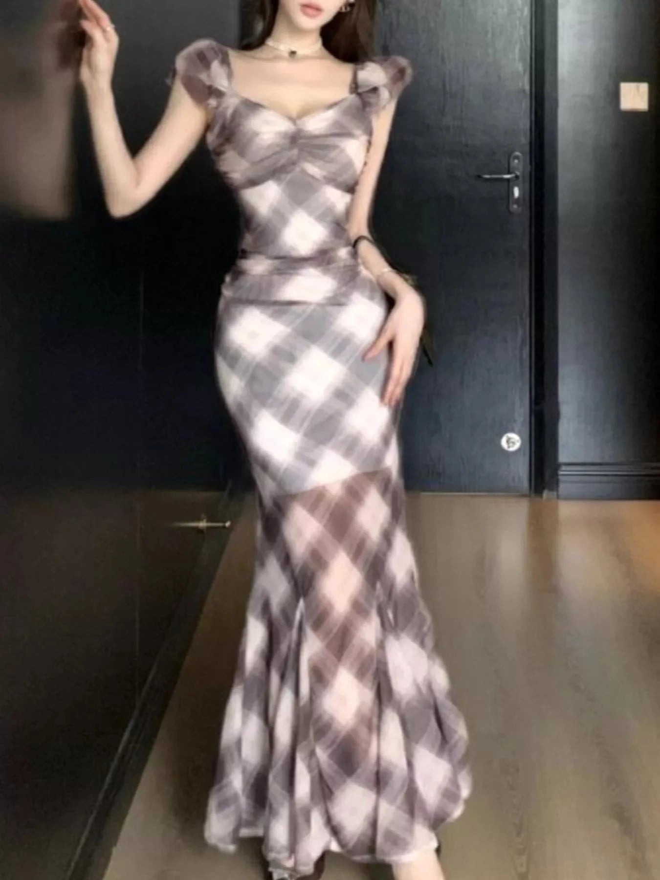 Trendy Plaid Ruffle Cap Sleeve Bodycon Maxi Dress
