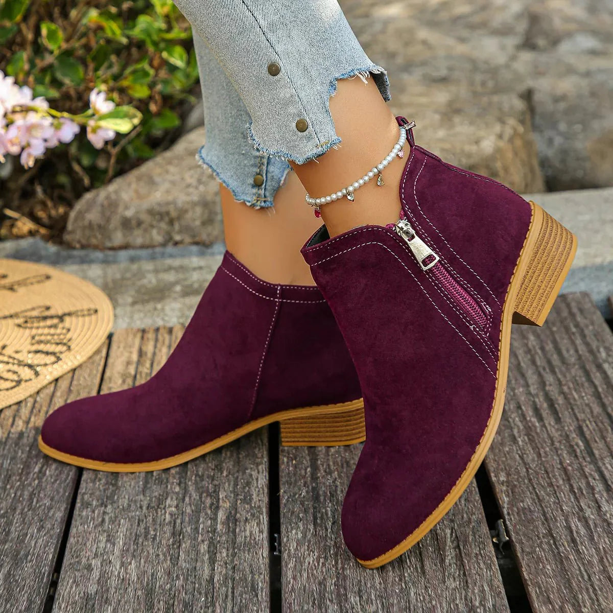 Trendy Flat Point Toe Block Heels With Zipper