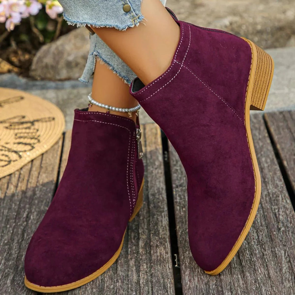 Trendy Flat Point Toe Block Heels With Zipper