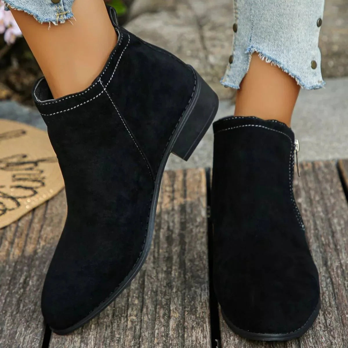 Trendy Flat Point Toe Block Heels With Zipper