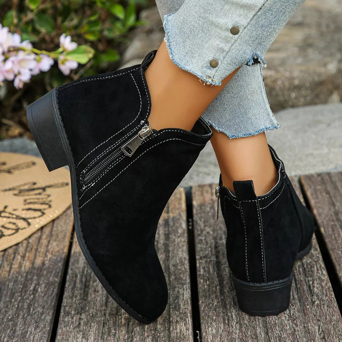 Trendy Flat Point Toe Block Heels With Zipper