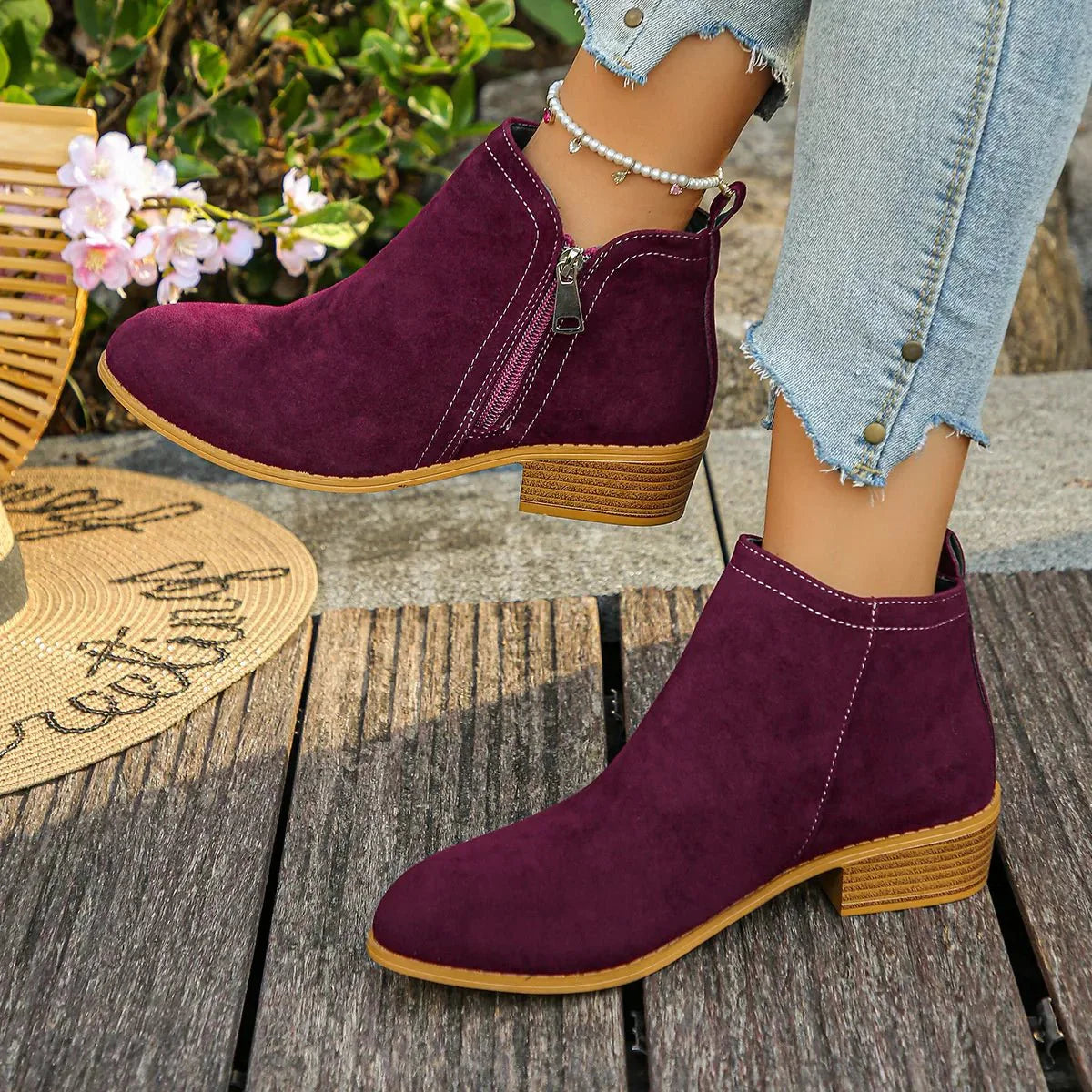 Trendy Flat Point Toe Block Heels With Zipper