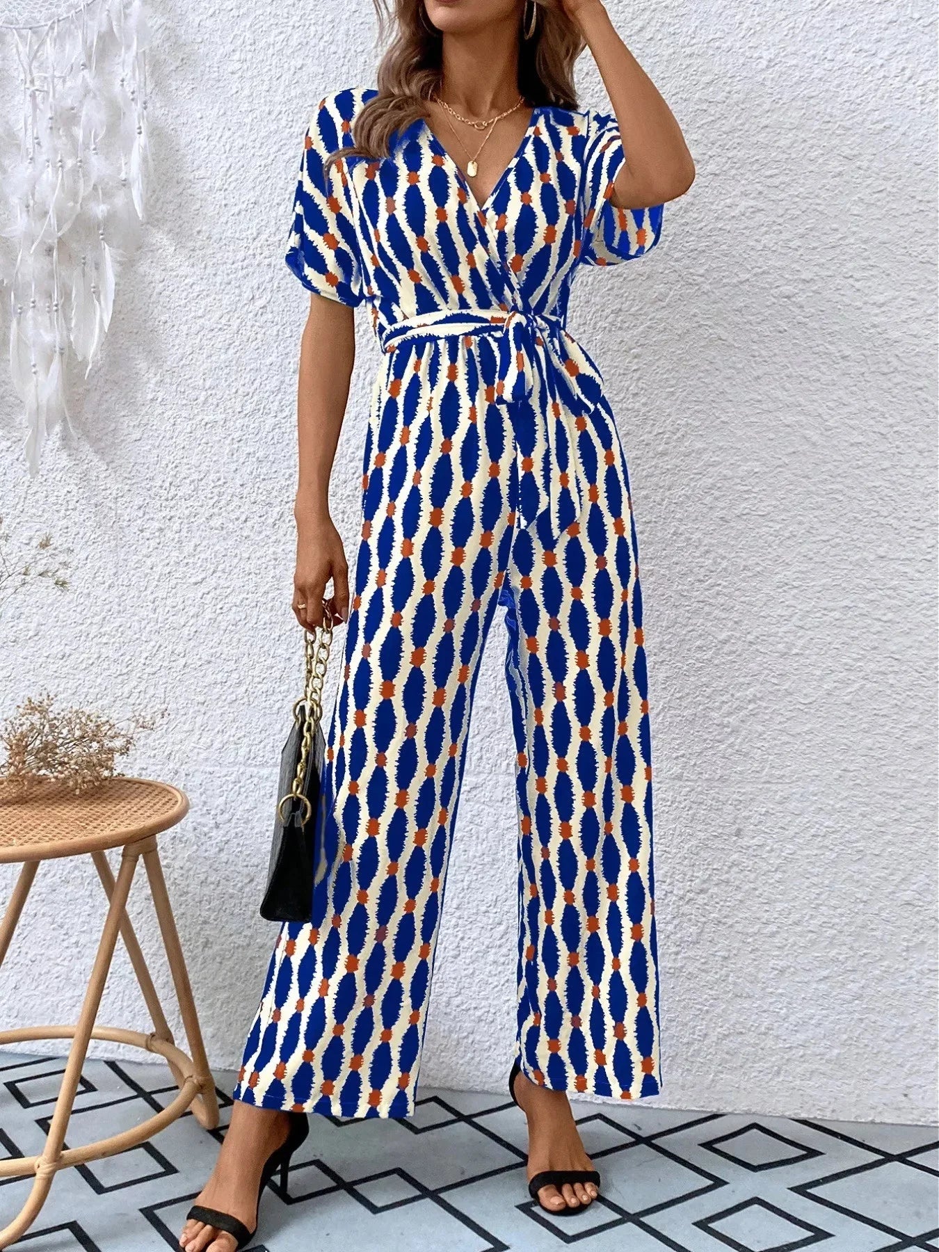 Stylish Printed Surplice Tie Waist Short Sleeve Jumpsuit