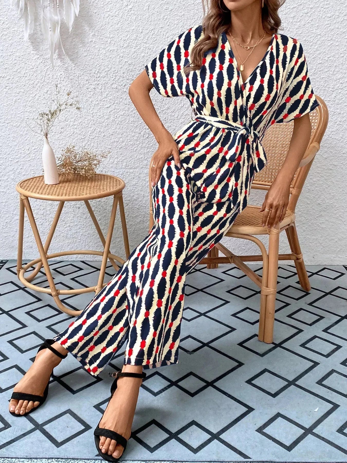 Stylish Printed Surplice Tie Waist Short Sleeve Jumpsuit