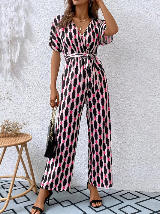 Stylish Printed Surplice Tie Waist Short Sleeve Jumpsuit