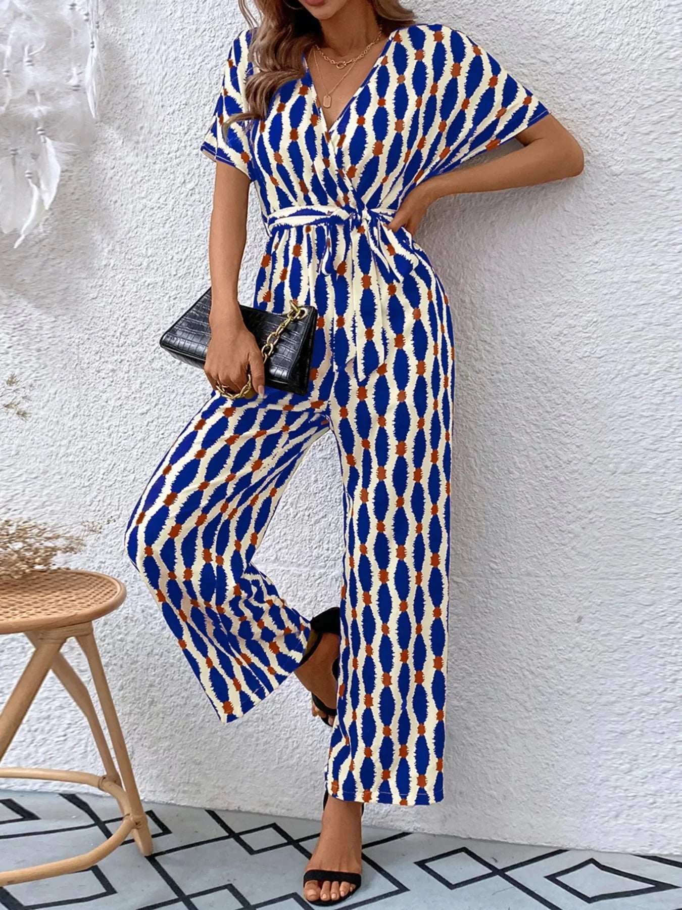 Stylish Printed Surplice Tie Waist Short Sleeve Jumpsuit