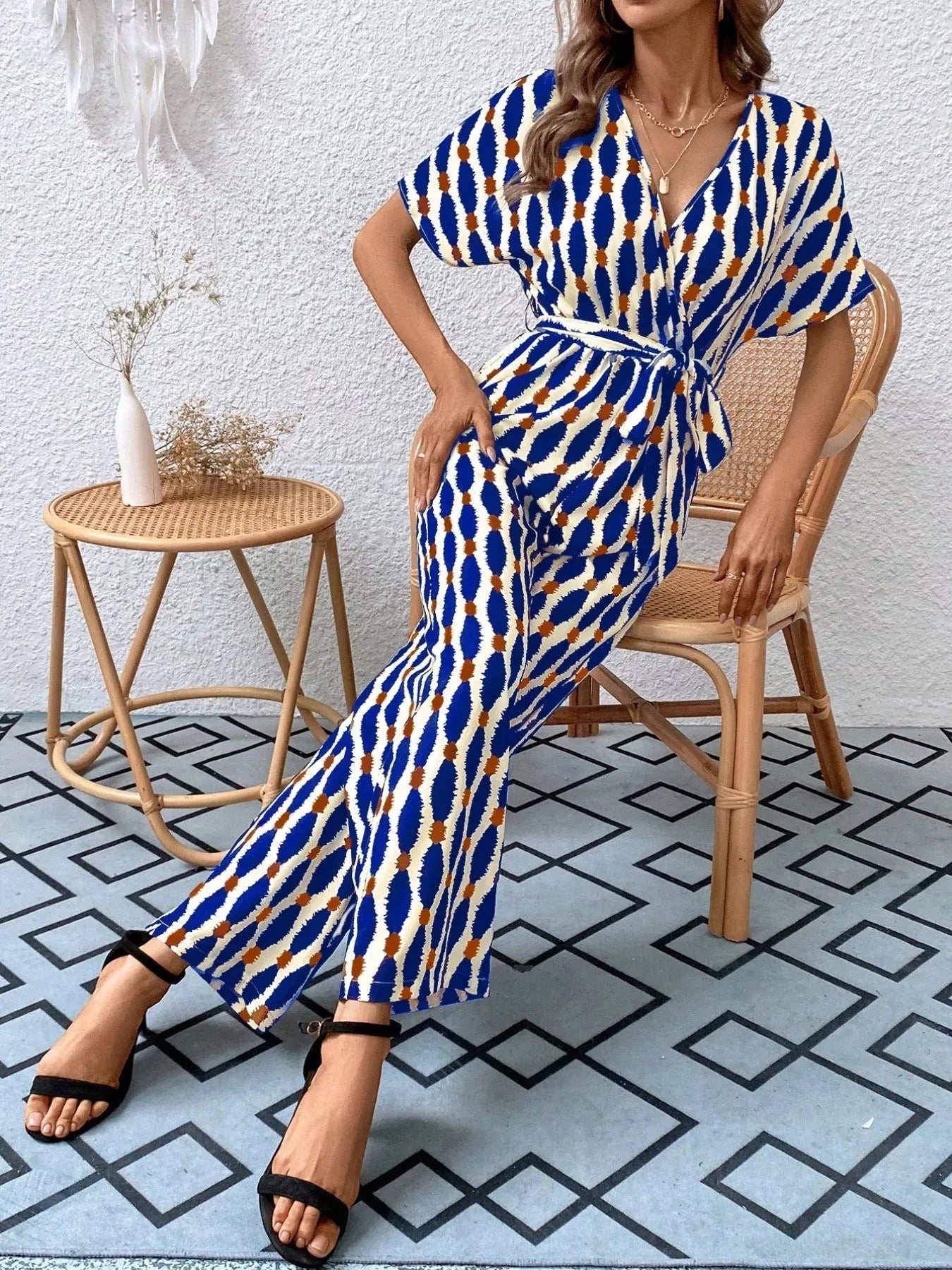 Stylish Printed Surplice Tie Waist Short Sleeve Jumpsuit