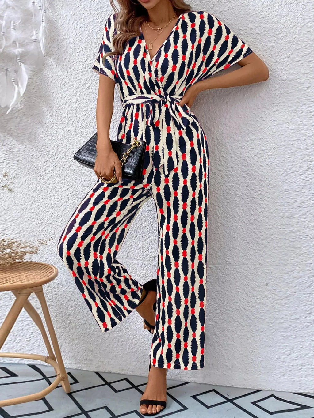 Stylish Printed Surplice Tie Waist Short Sleeve Jumpsuit