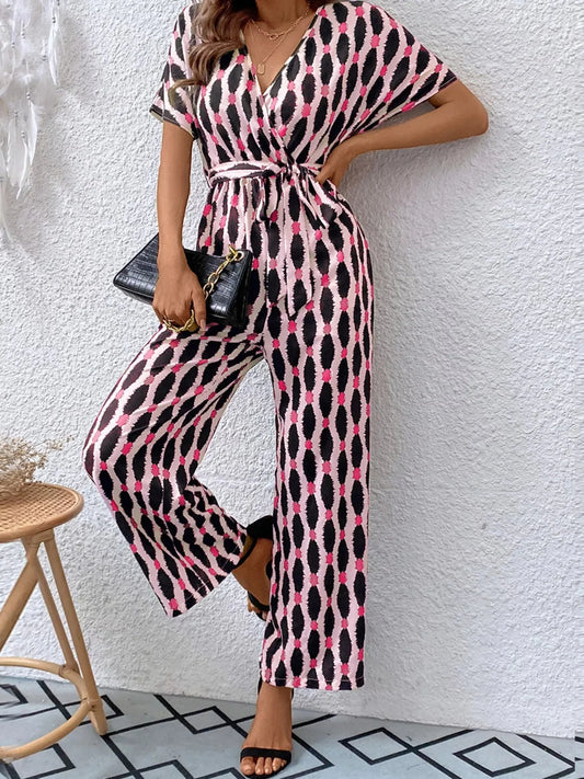 Stylish Printed Surplice Tie Waist Short Sleeve Jumpsuit