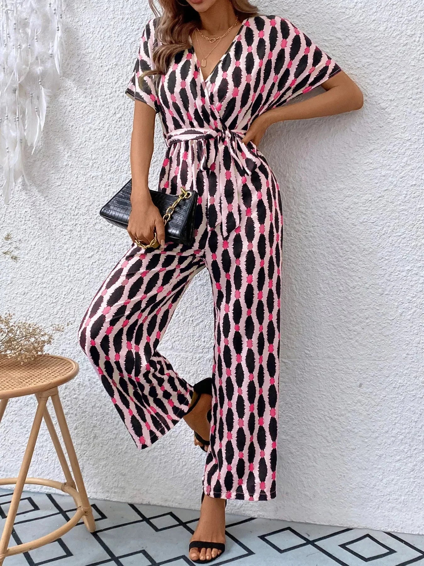 Stylish Printed Surplice Tie Waist Short Sleeve Jumpsuit