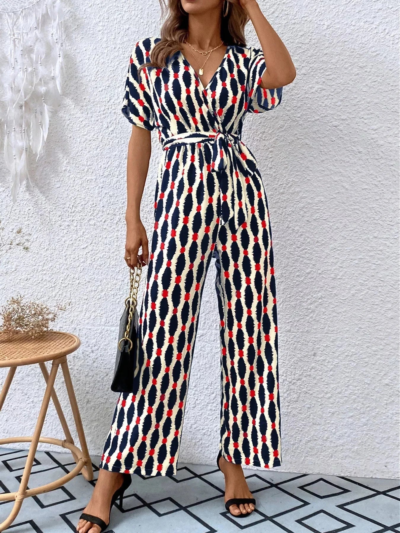 Stylish Printed Surplice Tie Waist Short Sleeve Jumpsuit