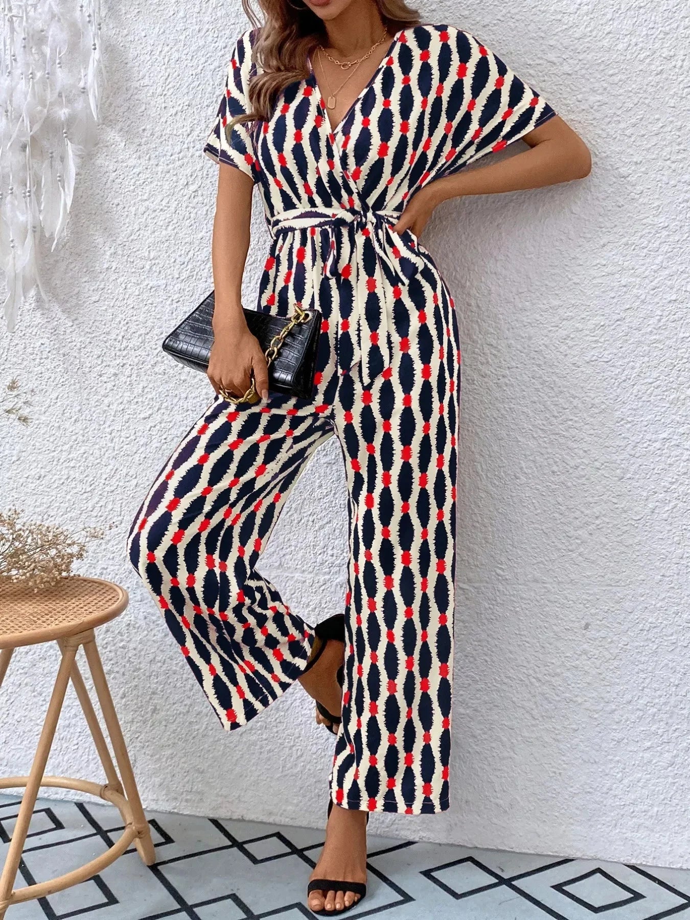 Stylish Printed Surplice Tie Waist Short Sleeve Jumpsuit