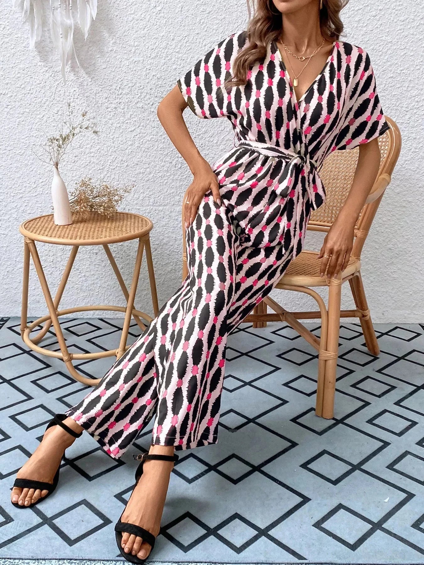 Stylish Printed Surplice Tie Waist Short Sleeve Jumpsuit