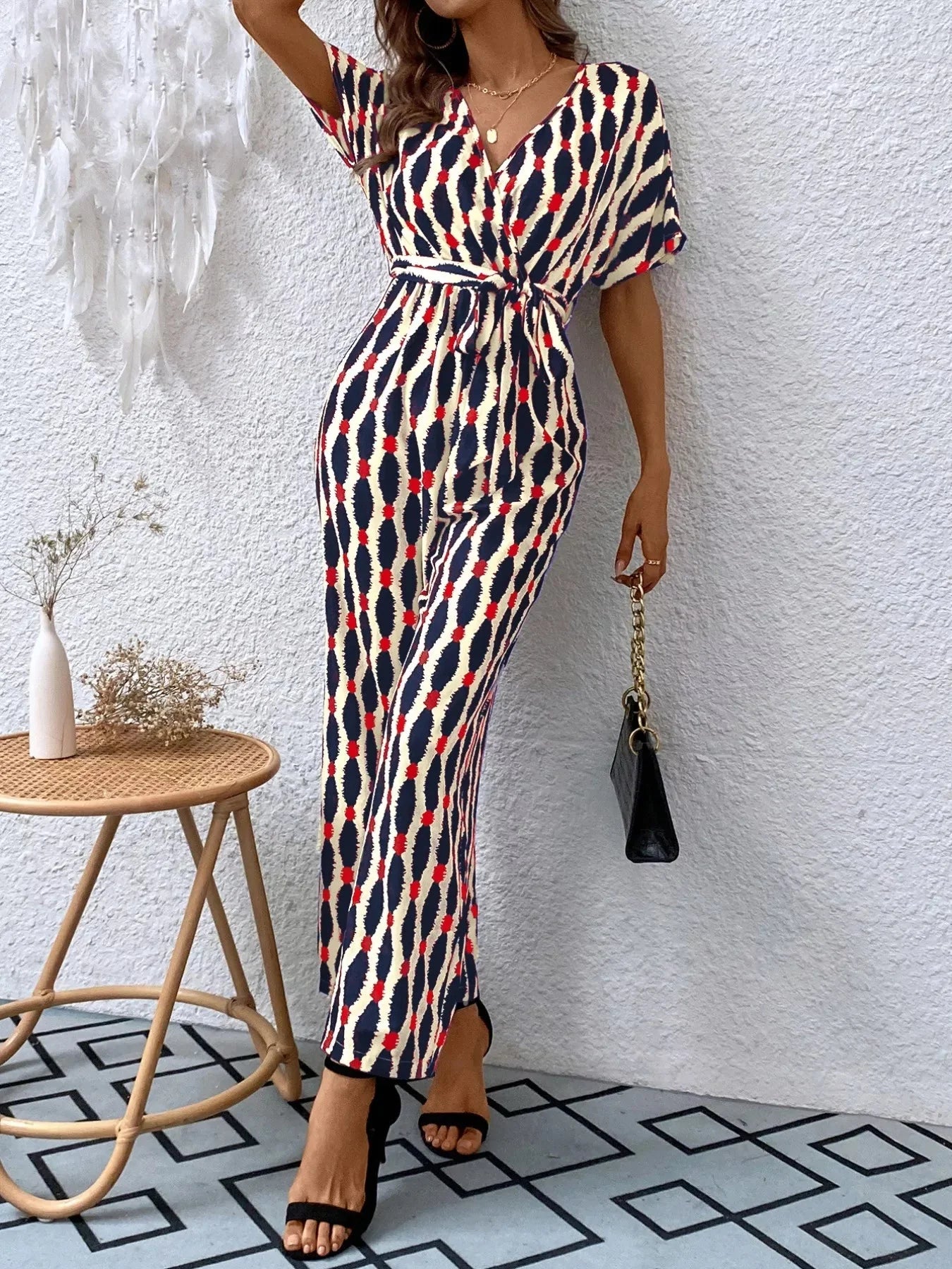Stylish Printed Surplice Tie Waist Short Sleeve Jumpsuit