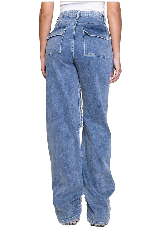Front Only Ripped Distressed Cargo Denim Jeans