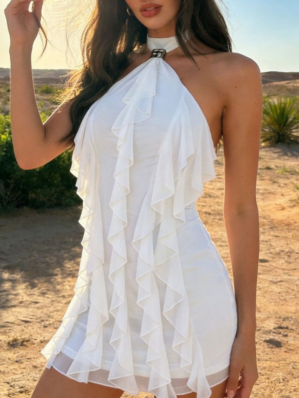 Stylish Ruffle Halter Neck Mini Dress