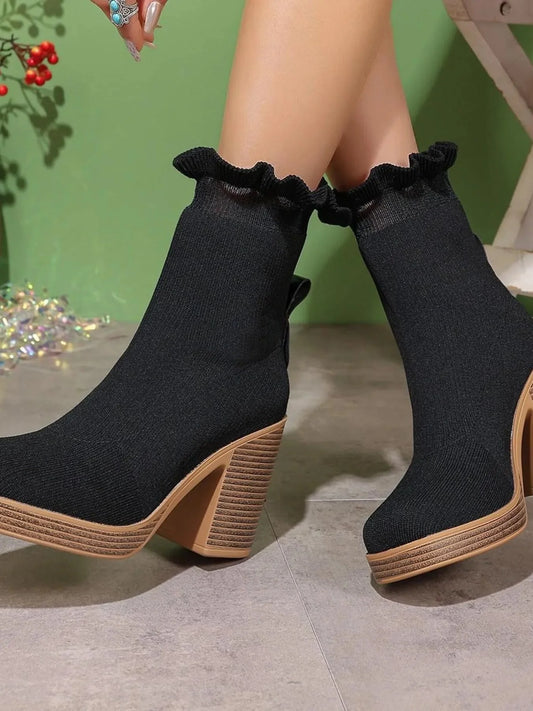 Ruffled Trim Chunky Heel Boots