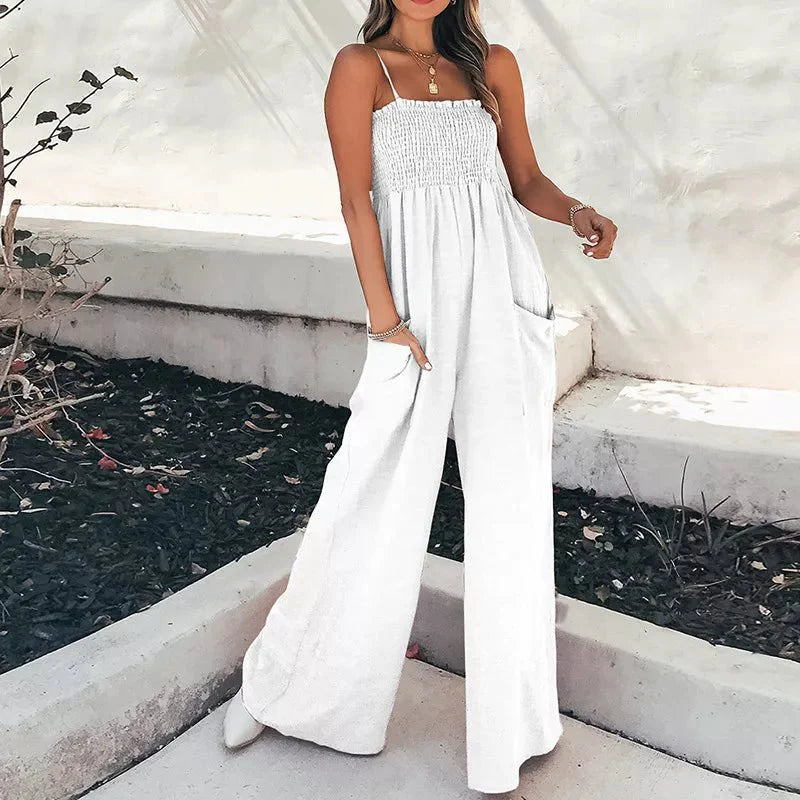 Fashionable Smocked Tube Wide Leg Jumpsuit