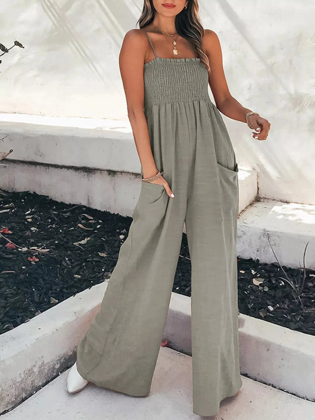 Fashionable Smocked Tube Wide Leg Jumpsuit
